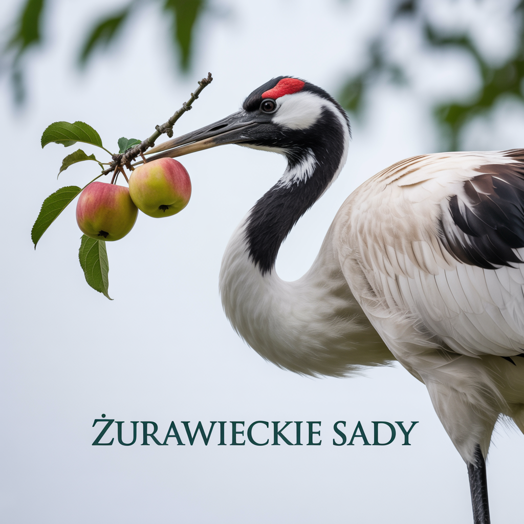 Symbol Żurawieckich Sadów – żuraw z gałęzią jabłoni Żuraw trzymający w dziobie gałązkę jabłoni z trzema jabłkami – logo i symbol Żurawieckich Sadów